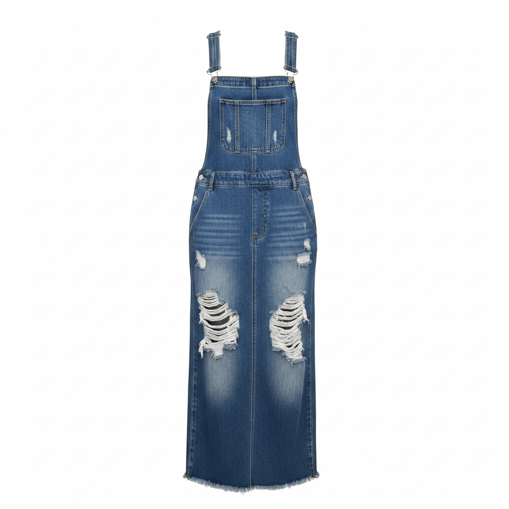 back slit distressed denim overalls dress ADJUSTABLE STRAP BACK SLIT DISTRESSED DENIM OVERALL DRESS