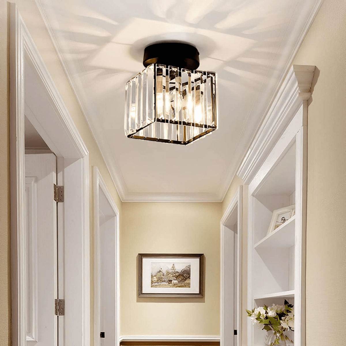 Modern Crystal Ceiling Lamp – Crystal Flush Mount Ceiling Light with Brass Fixture, Round or Square, Gold or Black – CrystalGlow