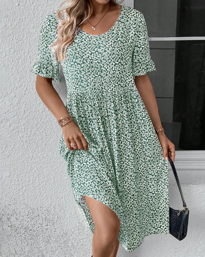 Damaris | Midi Dress with Floral Print, Round Neck and Short Sleeves for Women | Ideal for Day and Evening Green