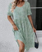 Damaris | Midi Dress with Floral Print, Round Neck and Short Sleeves for Women | Ideal for Day and Evening Green
