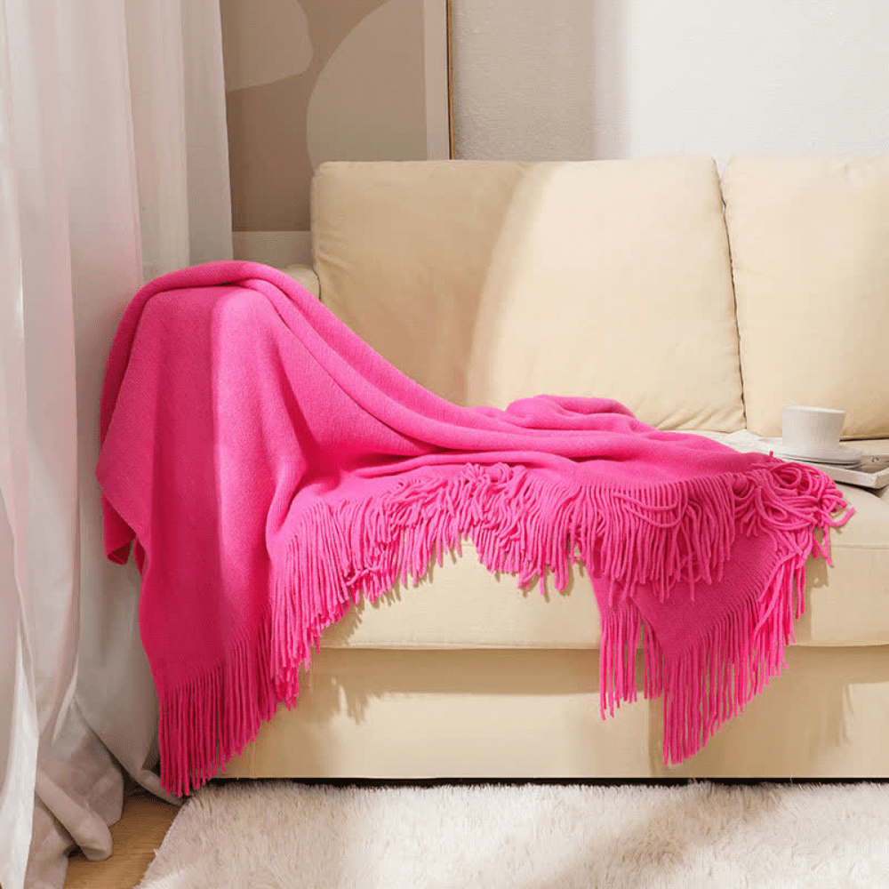 Chunky Knit Throw Blanket with Fringe – Soft Acrylic Decorative Blanket for Couch & Bed, 12 Colors, 2 Sizes Rose Red