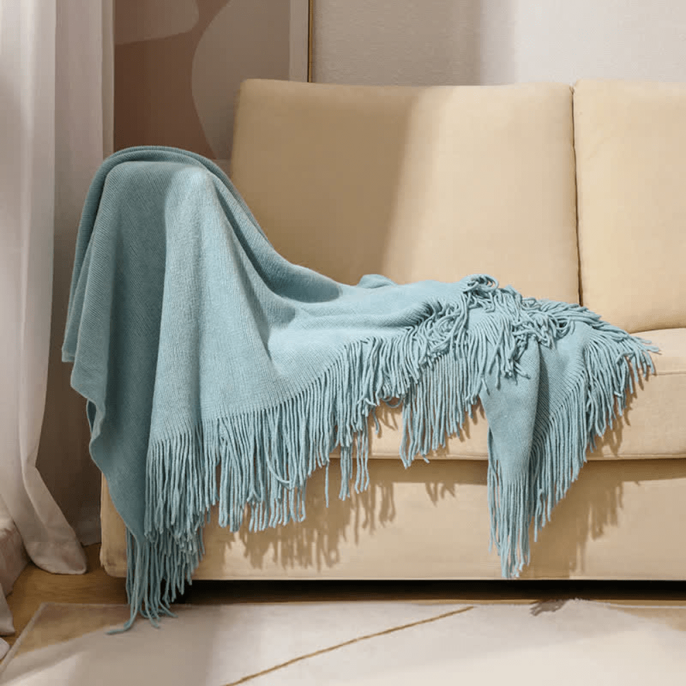 Chunky Knit Throw Blanket with Fringe – Soft Acrylic Decorative Blanket for Couch & Bed, 12 Colors, 2 Sizes Light Blue
