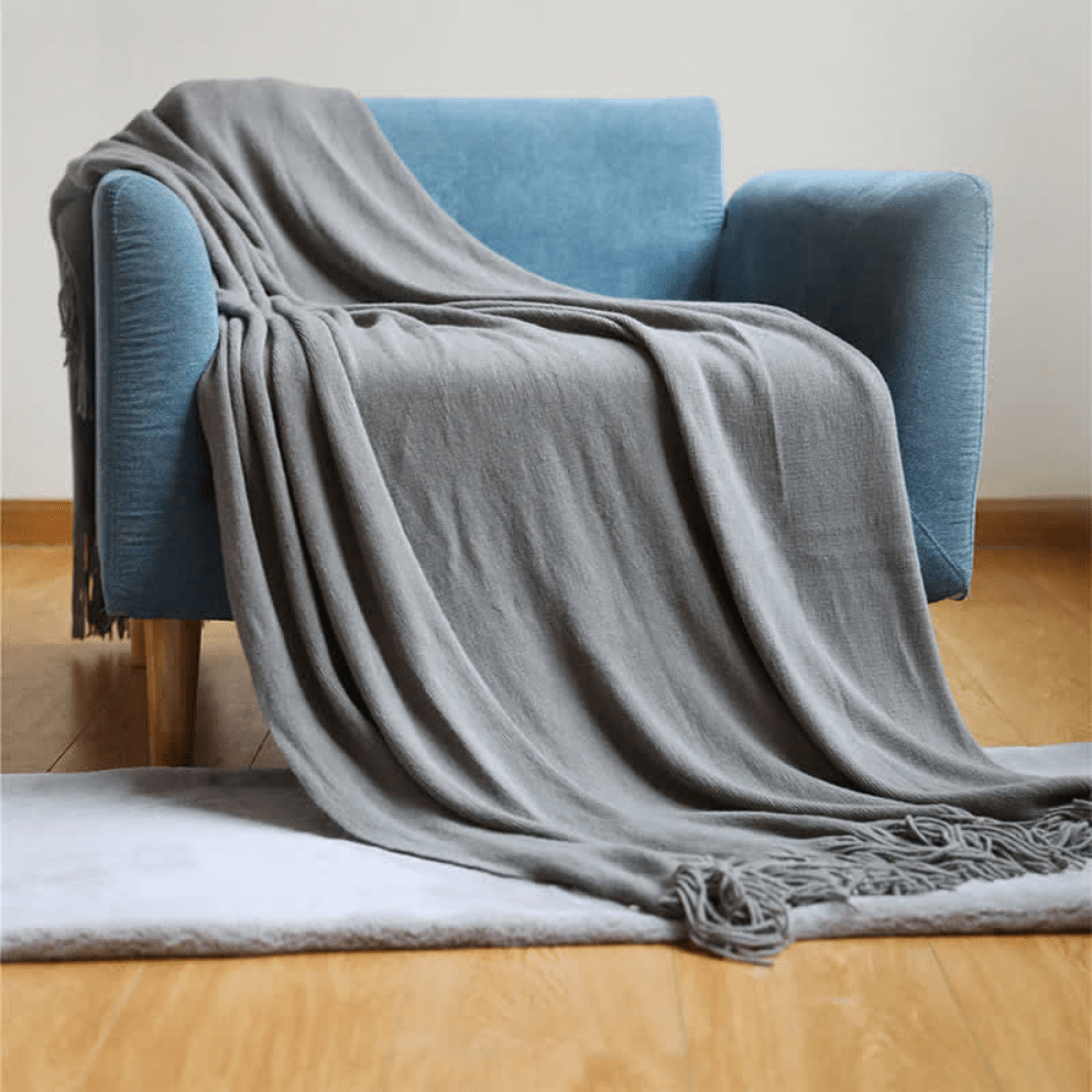 Chunky Knit Throw Blanket with Fringe – Soft Acrylic Decorative Blanket for Couch & Bed, 12 Colors, 2 Sizes Smoke Gray