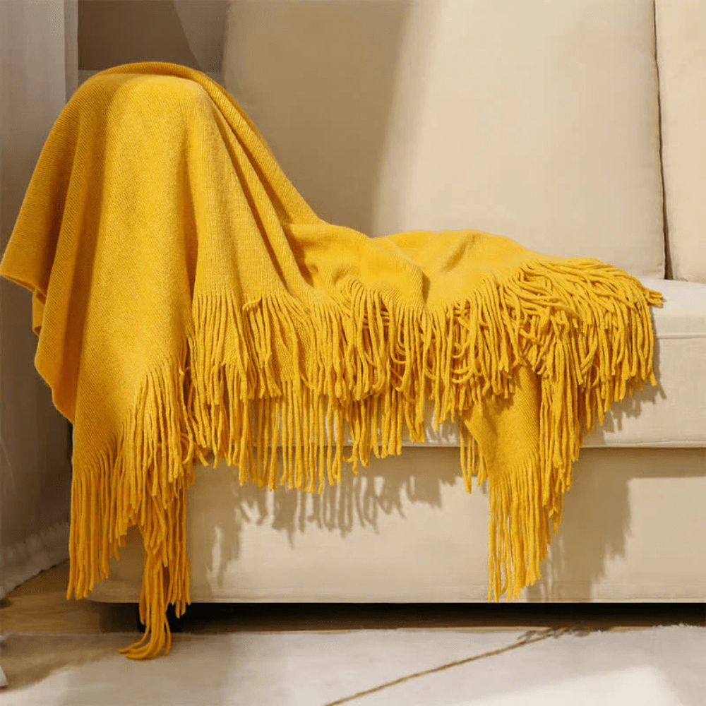 Chunky Knit Throw Blanket with Fringe – Soft Acrylic Decorative Blanket for Couch & Bed, 12 Colors, 2 Sizes Yellow