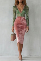 Virelline – Leopard velvet contrast – Bodycon midi dress-10451331875159-OLVIA ROSE LONDON