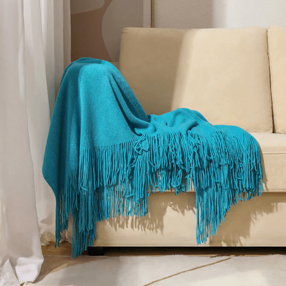 Chunky Knit Throw Blanket with Fringe – Soft Acrylic Decorative Blanket for Couch & Bed, 12 Colors, 2 Sizes Sapphire Blue