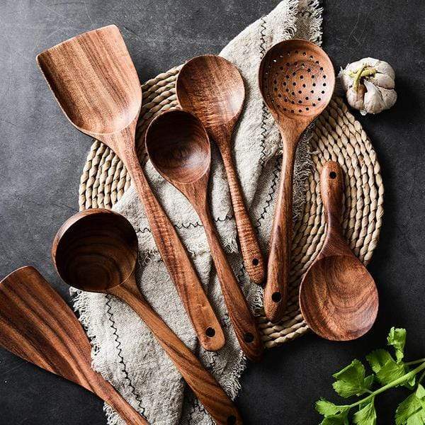 Natural Wooden Kitchen Set – Rustic Wooden Cooking Utensils, Set of 4 or 7 Pieces – RustiCook