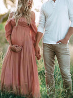 Boho Chic Maternity Dress with Boat Neck – Off Shoulder Pregnancy Dress, Midi, Baby Shower & Photoshoot, S–2XL – Flōre