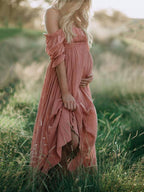 Boho Chic Maternity Dress with Boat Neck – Off Shoulder Pregnancy Dress, Midi, Baby Shower & Photoshoot, S–2XL – Flōre