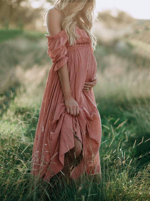 Boho Chic Maternity Dress with Boat Neck – Off Shoulder Pregnancy Dress, Midi, Baby Shower & Photoshoot, S–2XL – Flōre