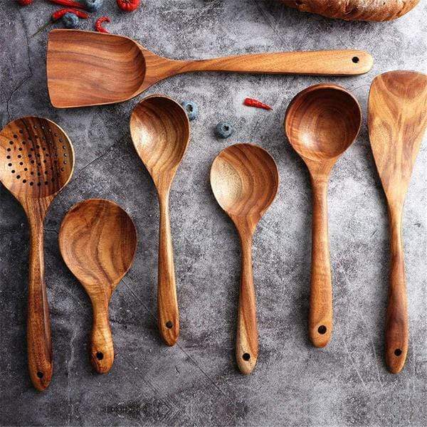 Natural Wooden Kitchen Set – Rustic Wooden Cooking Utensils, Set of 4 or 7 Pieces – RustiCook