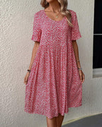 Damaris | Midi Dress with Floral Print, Round Neck and Short Sleeves for Women | Ideal for Day and Evening Pink
