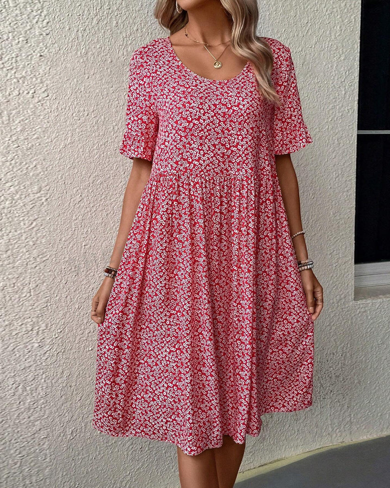 Damaris | Midi Dress with Floral Print, Round Neck and Short Sleeves for Women | Ideal for Day and Evening Pink