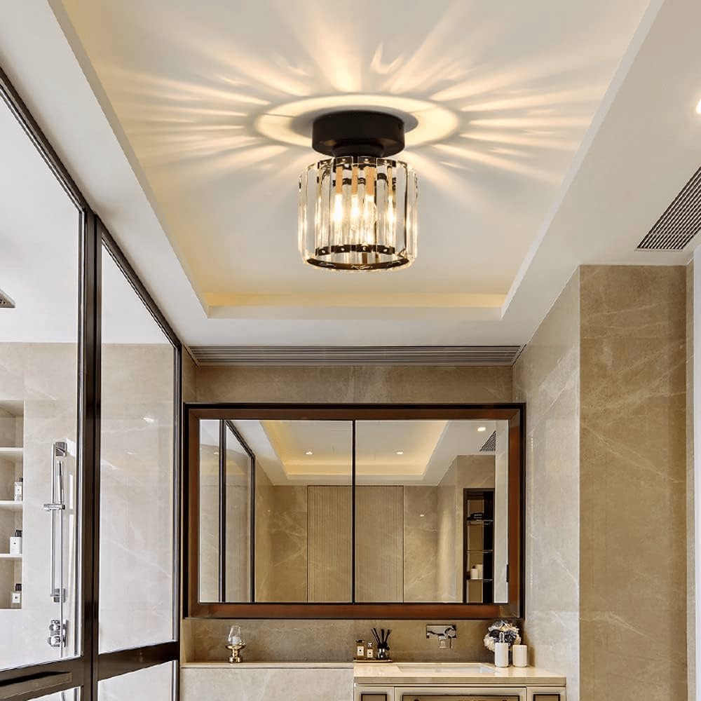 Modern Crystal Ceiling Lamp – Crystal Flush Mount Ceiling Light with Brass Fixture, Round or Square, Gold or Black – CrystalGlow