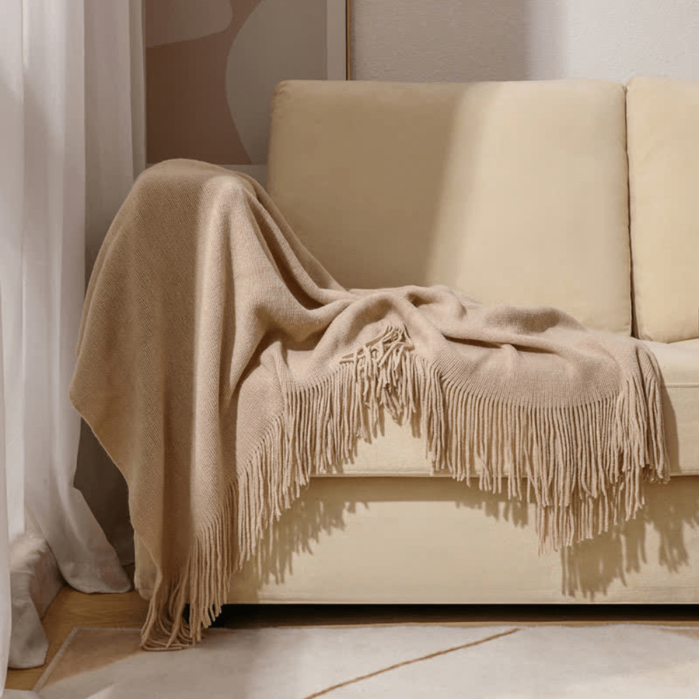 Chunky Knit Throw Blanket with Fringe – Soft Acrylic Decorative Blanket for Couch & Bed, 12 Colors, 2 Sizes Beige