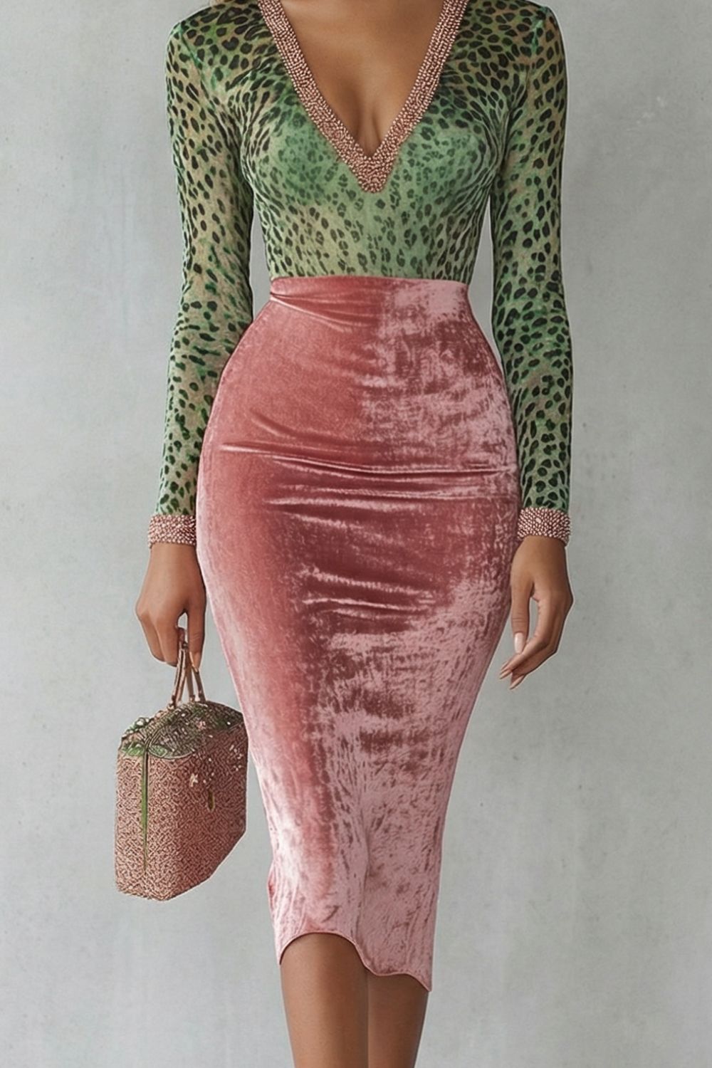 Visalle | Leopard velvet contrast – Bodycon midi dress