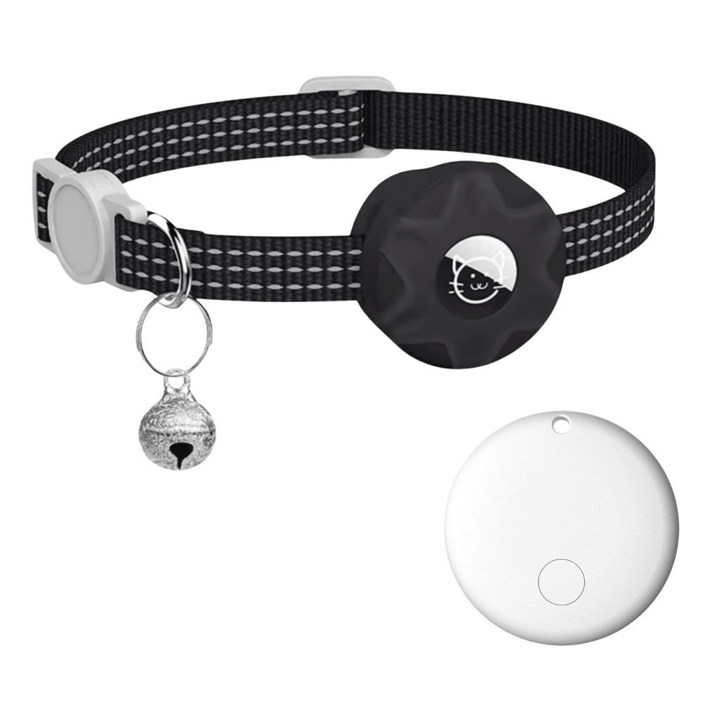 Smart Tracker Collar for Cats and Dogs – Pet Tracker for Android, Works with Google Find My Device, Reflective Black White