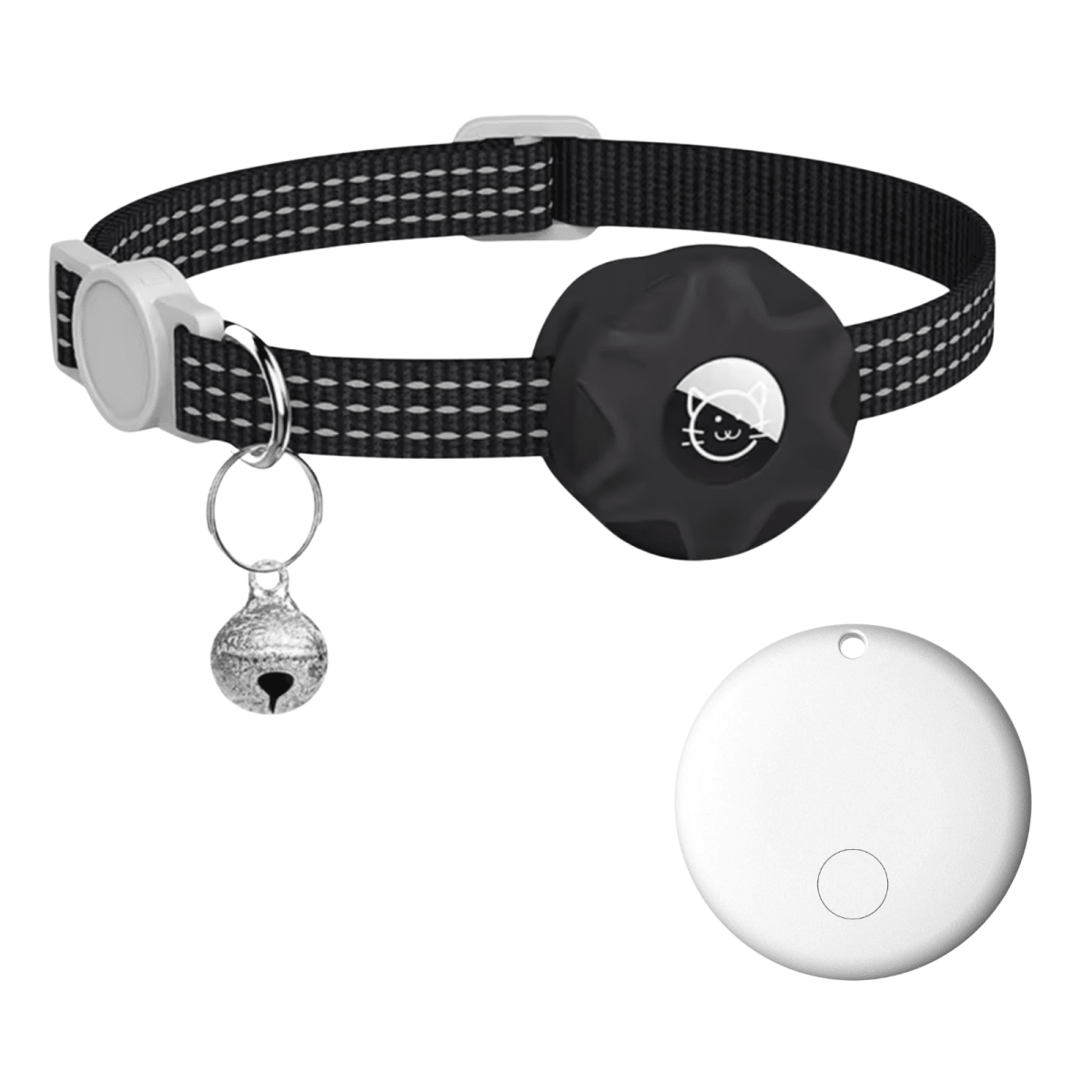 Smart Tracker Collar for Cats and Dogs – Pet Tracker for Android, Works with Google Find My Device, Reflective Black White