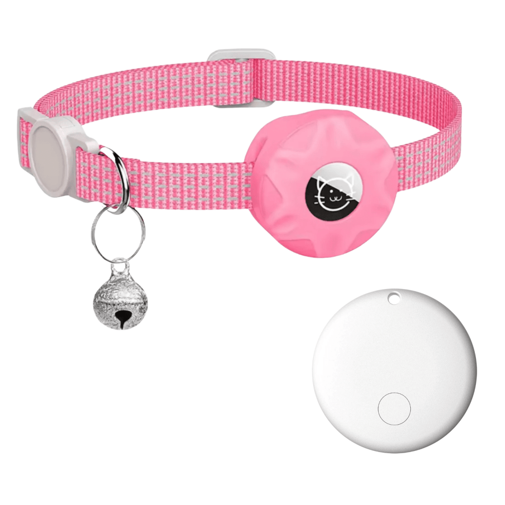 Smart Tracker Collar for Cats and Dogs – Pet Tracker for Android, Works with Google Find My Device, Reflective Pink White