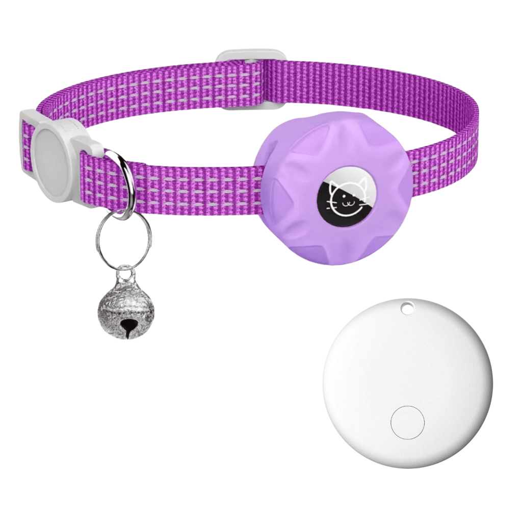 Smart Tracker Collar for Cats and Dogs – Pet Tracker for Android, Works with Google Find My Device, Reflective Purple White