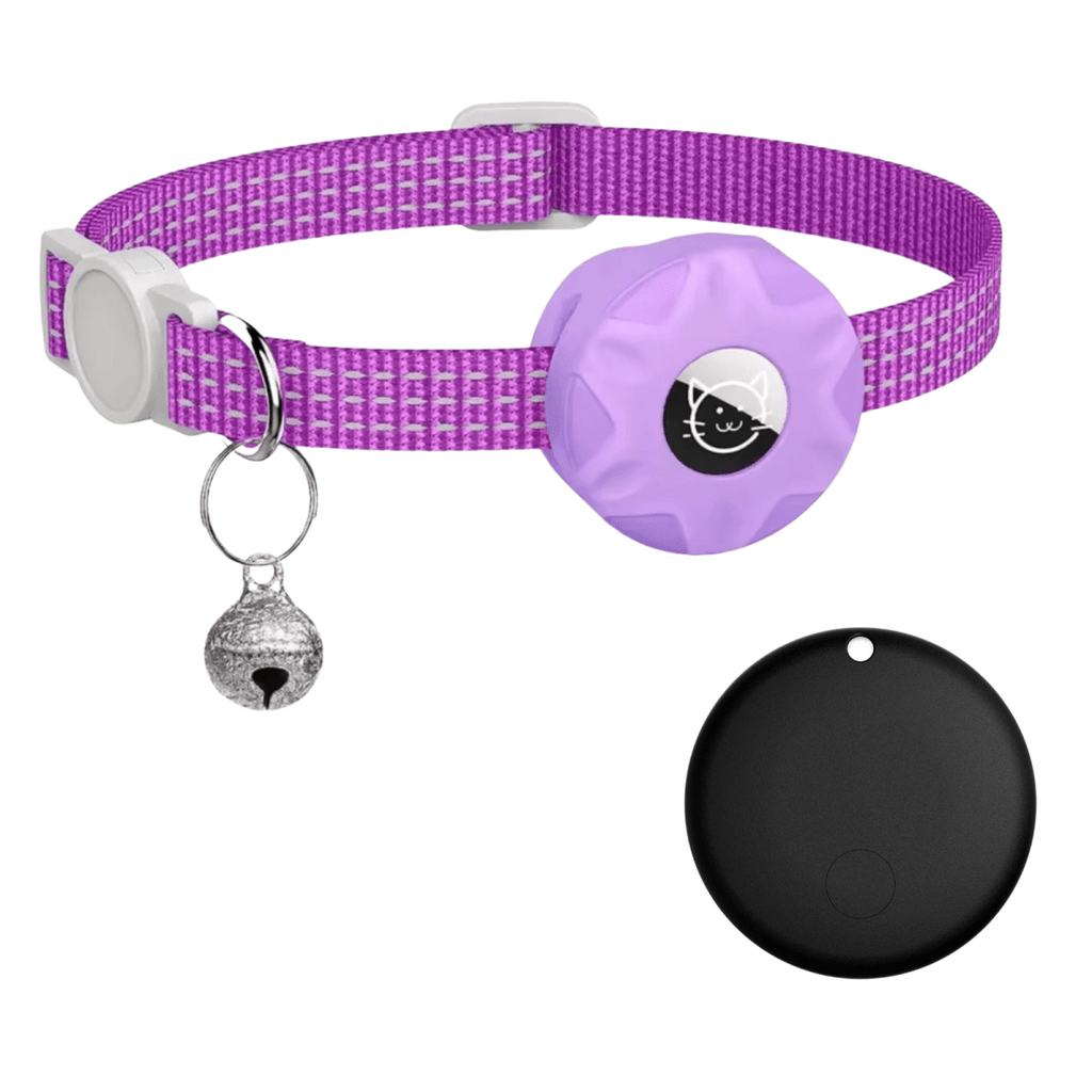 Smart Tracker Collar for Cats and Dogs – Pet Tracker for Android, Works with Google Find My Device, Reflective Purple Black