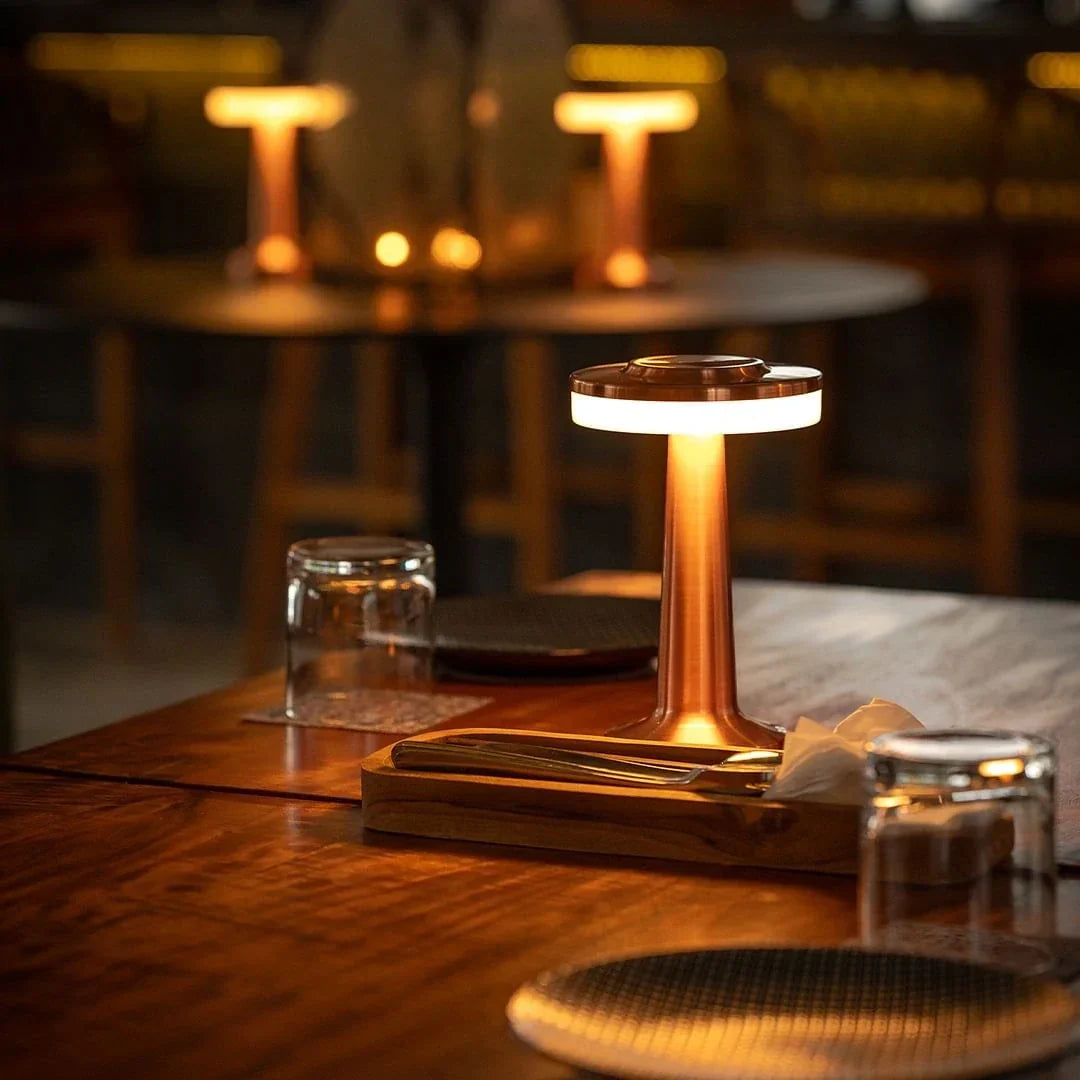 Wireless Retro Table Lamp – Cordless Rechargeable LED Lamp, Dimmable with 3 Color Temperatures, Metal Bar & Restaurant Lamp – LumiBar Rose Gold
