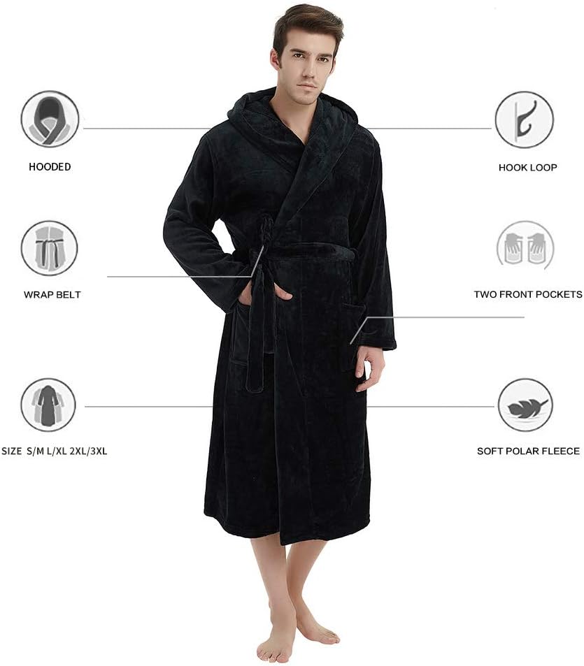 Men's Fleece Robe with Hood – Soft Two-Tone Hooded Bathrobe with Pockets & Belt, Machine Washable, S–3XL – Calico