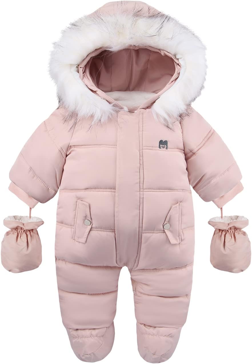 Baby Snowsuit with Hood – Warm Winter Jumpsuit with Soft Lining & Zipper, 4 Colors, 0-24 Months – Figueral Pink