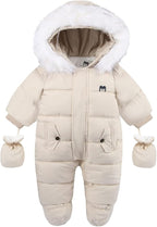 Baby Snowsuit with Hood – Warm Winter Jumpsuit with Soft Lining & Zipper, 4 Colors, 0-24 Months – Figueral White