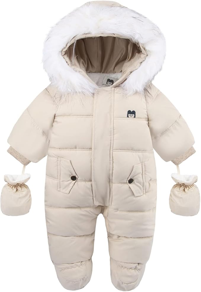 Baby Snowsuit with Hood – Warm Winter Jumpsuit with Soft Lining & Zipper, 4 Colors, 0-24 Months – Figueral White