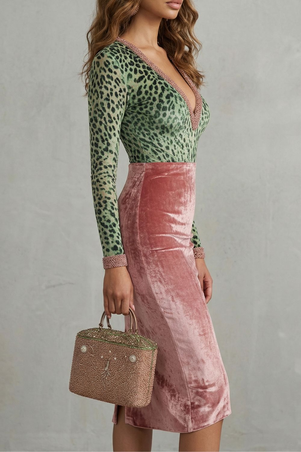 Visalle | Leopard velvet contrast – Bodycon midi dress