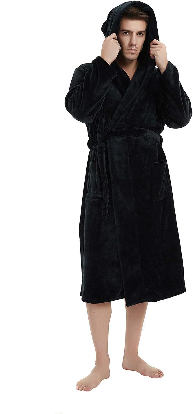 Men's Fleece Robe with Hood – Soft Two-Tone Hooded Bathrobe with Pockets & Belt, Machine Washable, S–3XL – Calico Black