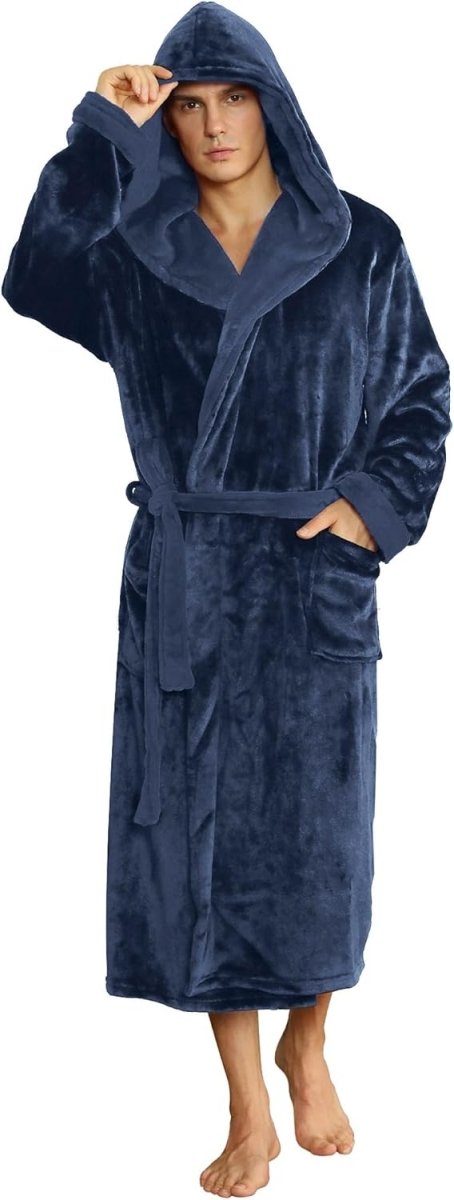 Men's Fleece Robe with Hood – Soft Two-Tone Hooded Bathrobe with Pockets & Belt, Machine Washable, S–3XL – Calico Dark Blue