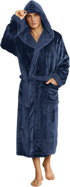 Men's Fleece Robe with Hood – Soft Two-Tone Hooded Bathrobe with Pockets & Belt, Machine Washable, S–3XL – Calico Dark Blue