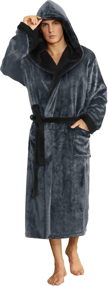 Men's Fleece Robe with Hood – Soft Two-Tone Hooded Bathrobe with Pockets & Belt, Machine Washable, S–3XL – Calico