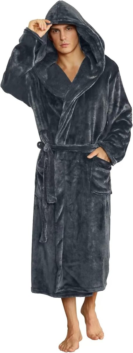 Men's Fleece Robe with Hood – Soft Two-Tone Hooded Bathrobe with Pockets & Belt, Machine Washable, S–3XL – Calico Dark Gray