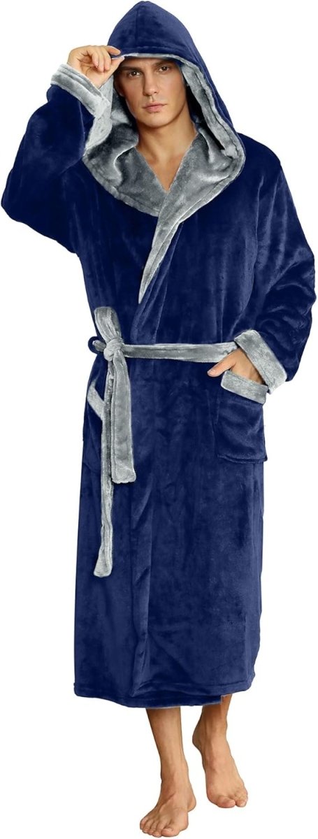 Men's Fleece Robe with Hood – Soft Two-Tone Hooded Bathrobe with Pockets & Belt, Machine Washable, S–3XL – Calico