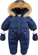 Baby Snowsuit with Hood – Warm Winter Jumpsuit with Soft Lining & Zipper, 4 Colors, 0-24 Months – Figueral Blue
