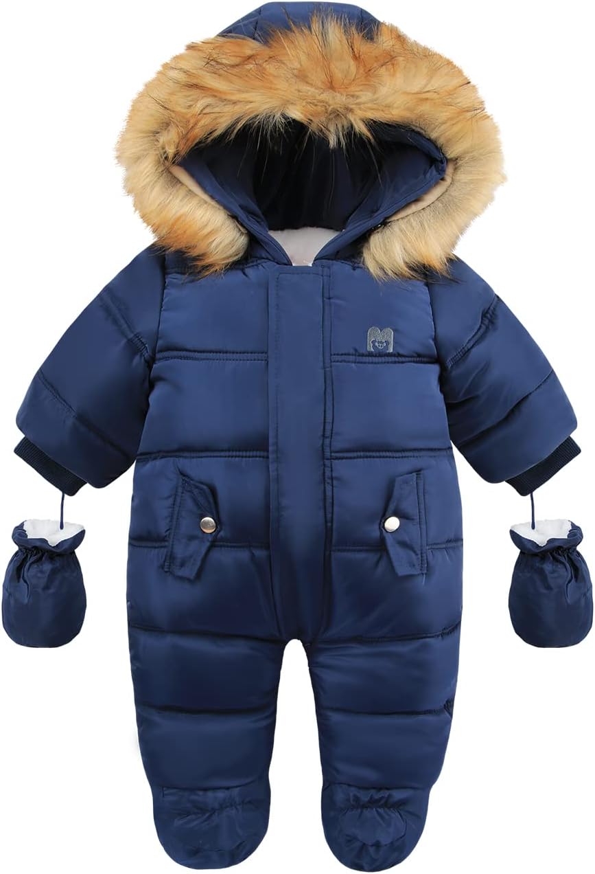 Baby Snowsuit with Hood – Warm Winter Jumpsuit with Soft Lining & Zipper, 4 Colors, 0-24 Months – Figueral Blue