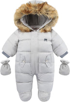 Baby Snowsuit with Hood – Warm Winter Jumpsuit with Soft Lining & Zipper, 4 Colors, 0-24 Months – Figueral Gray