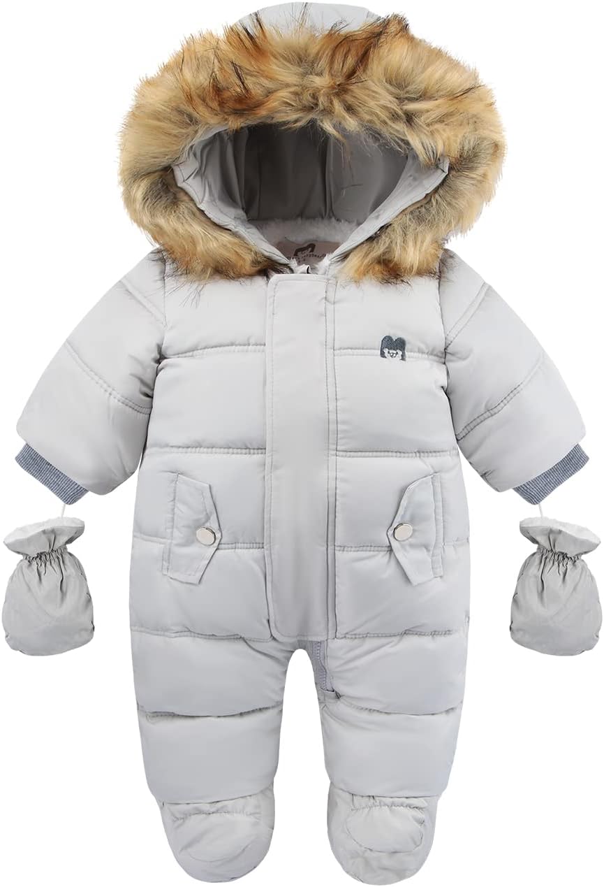 Baby Snowsuit with Hood – Warm Winter Jumpsuit with Soft Lining & Zipper, 4 Colors, 0-24 Months – Figueral Gray