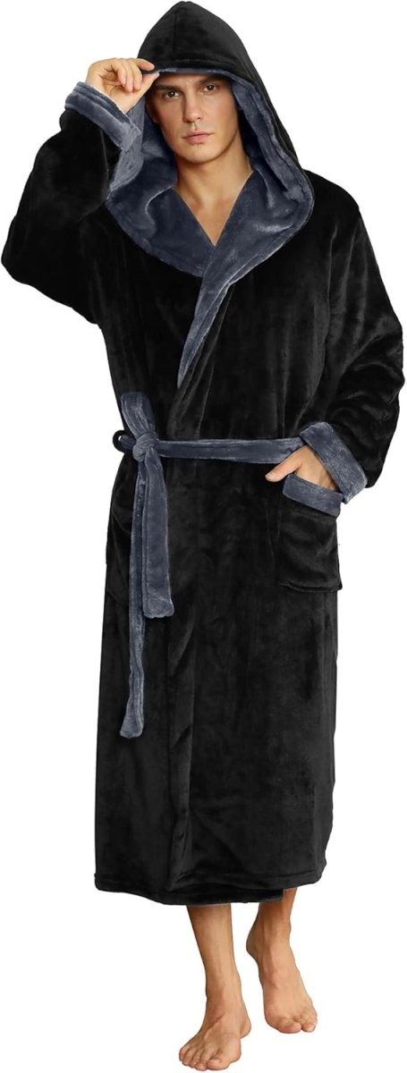 Men's Fleece Robe with Hood – Soft Two-Tone Hooded Bathrobe with Pockets & Belt, Machine Washable, S–3XL – Calico Black Dark Gray