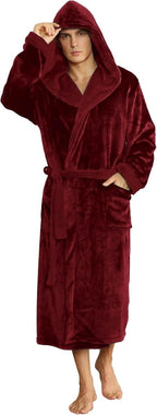 Men's Fleece Robe with Hood – Soft Two-Tone Hooded Bathrobe with Pockets & Belt, Machine Washable, S–3XL – Calico Burgundy