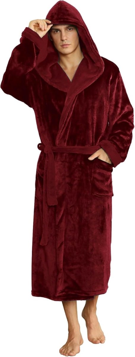 Men's Fleece Robe with Hood – Soft Two-Tone Hooded Bathrobe with Pockets & Belt, Machine Washable, S–3XL – Calico Burgundy