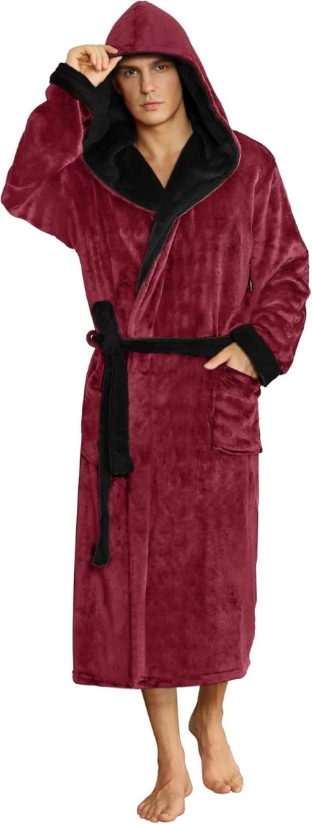 Men's Fleece Robe with Hood – Soft Two-Tone Hooded Bathrobe with Pockets & Belt, Machine Washable, S–3XL – Calico