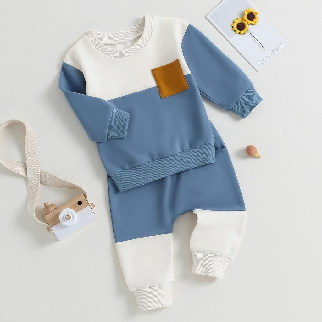 Baby Jogger Set – 2 Piece Winter Outfit with Color Block Sweatshirt & Stretch Pants, Cotton Blend, 0-3 Years – Marmari