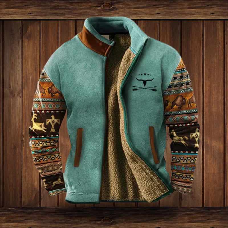 Hommes | Warm Western-Style Jacket – Fleece Lining & Ethnic Patterns for Winter Comfort Light Blue