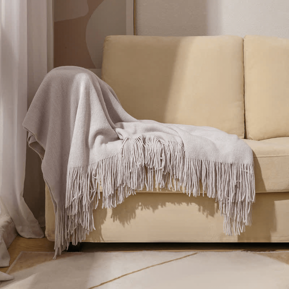 Chunky Knit Throw Blanket with Fringe – Soft Acrylic Decorative Blanket for Couch & Bed, 12 Colors, 2 Sizes Light Gray