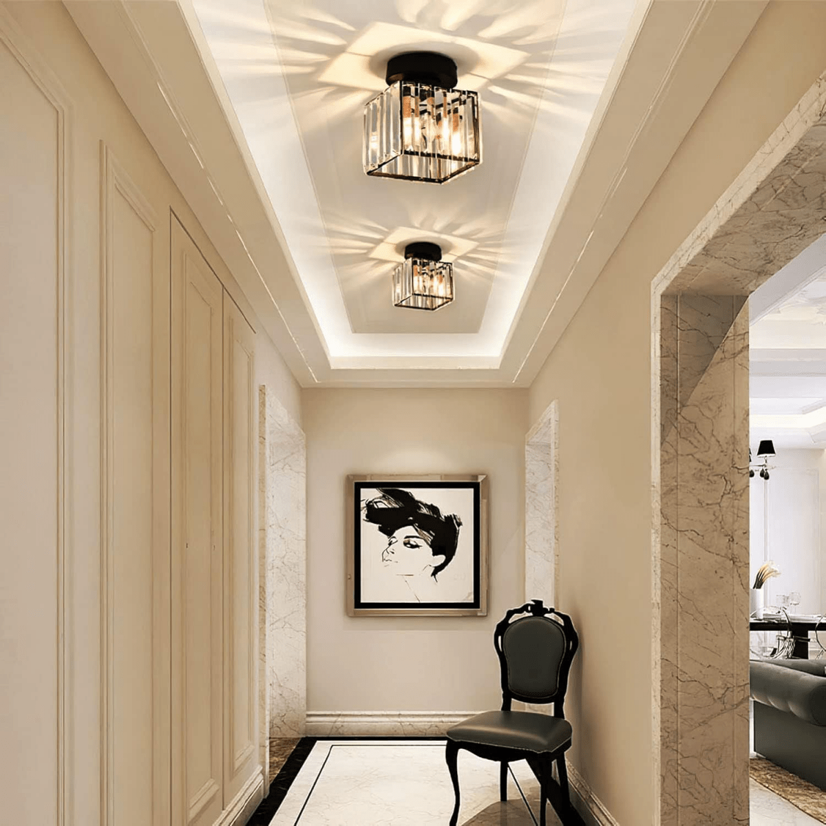 Modern Crystal Ceiling Lamp – Crystal Flush Mount Ceiling Light with Brass Fixture, Round or Square, Gold or Black – CrystalGlow