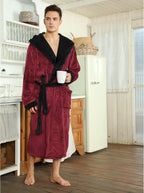 Men's Fleece Robe with Hood – Soft Two-Tone Hooded Bathrobe with Pockets & Belt, Machine Washable, S–3XL – Calico